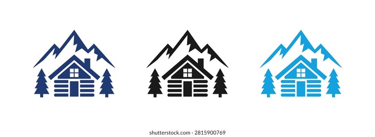 A collection of three stylized mountain cabin icons in different colors showing a rustic wooden hut nestled between evergreen trees under high alpine peaks.