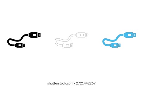 Una colección de tres representaciones estilizadas de un cable USB, mostrando diferentes estilos visuales: un ícono negro sólido, una versión de contorno blanco y un ícono azul brillante, todo aislado en un fondo blanco