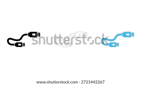 A collection of three stylized representations of a USB cable, showing different visual styles: a solid black icon, a white outline version, and a bright blue filled icon, all isolated on a white back