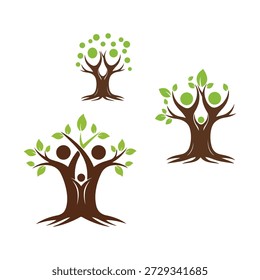A collection of three stylized tree logos, each incorporating human-like figures within the trunk and branches. The trees have brown trunks and roots, with vibrant green leaves at the top. The figures represent a family unit, with larger figures embracing smaller ones, symbolizing unity, growth, and connection. The logos are presented against a white background, emphasizing their clean and modern design.