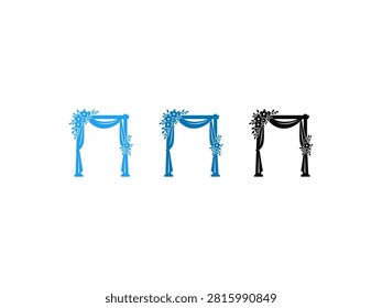 A collection of three stylized wedding ceremony arches featuring elegant floral arrangements and flowing fabric drapes in light blue dark blue and black colors