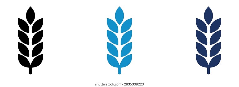 A collection of three stylized wheat stalk icons representing agriculture and grain production in black and blue shades