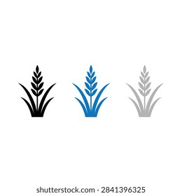A collection of three stylized wheat stalk icons representing agriculture and harvest in black blue and grey color variations on a white background