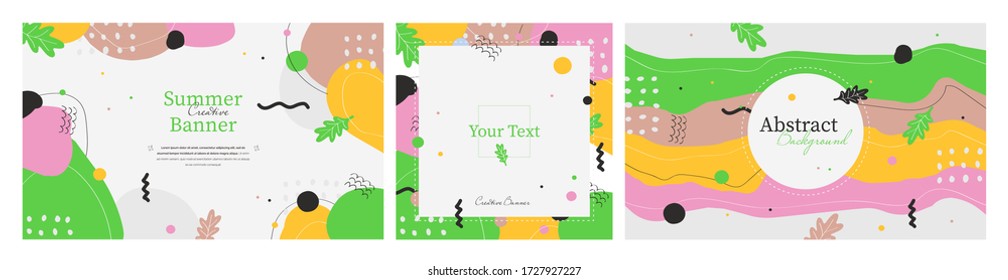 Collection of three summer abstract green banners with place for text. Hand made doodle colorful geometric vector backgrounds perfect for web and application design, banners, posters, advertising