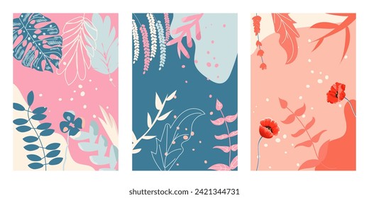 Colección de tres diseños de fondo de verano con hojas y flores tropicales, puntos. Ilustración vectorial colorida realizada en azul, rojo, colores rosados para tarjetas, banners, papel tapiz, negocios