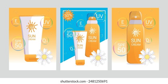 A collection of three sunscreens, each marked SPF 50, is presented on a bright summer background with graphic elements such as sun badges, daisies and discount badges.