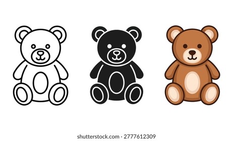 A collection of three teddy bear icons featuring a black outline, a solid black silhouette, and a colored version.