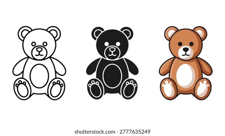 A collection of three teddy bear illustrations displayed in line art, solid black silhouette, and flat color design styles.