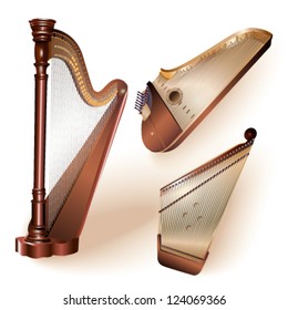 Collection of three traditional string plucked instruments - classical harp, Latvian kokle and Finnish kantele