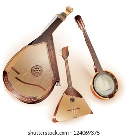 Collection of three traditional string plucked instruments - Ukrainian bandura, Russian balalaika and six-string Mexican banjo