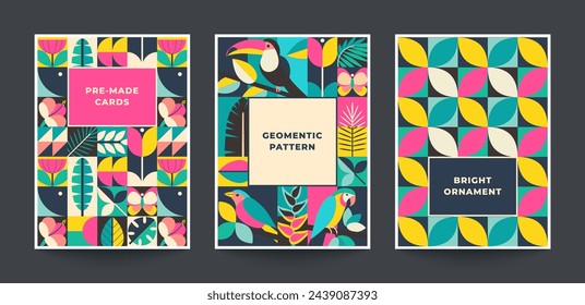 Collection of three trendy vector bright cards with patterns assembled from squares with natural elements and geometric ornament. Modern posters set.