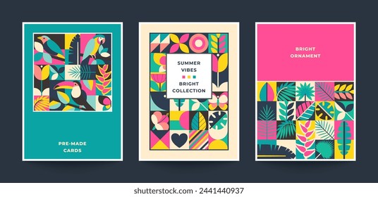 Collection of three trendy vector bright cards with patterns assembled from squares with natural elements and geometric ornament. Modern posters set.