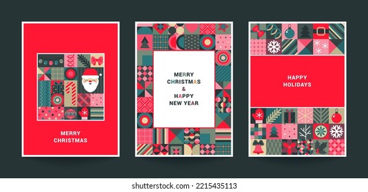 Collection of three trendy vector Christmas cards with patterns assembled from squares with Christmas symbols and geometric ornament. Holiday posters set.