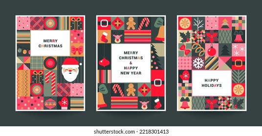 Colección de tres tarjetas vectoriales de moda de Navidad con patrones montados desde cuadrados con símbolos navideños y adornos geométricos. Afiches de vacaciones listos.