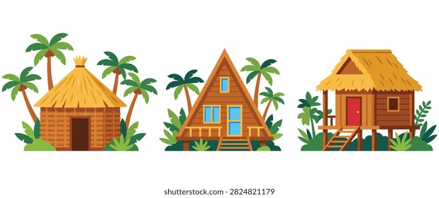 Collection of three tropical huts: thatched roof bungalow, triangular beach house, and stilted wooden shack.