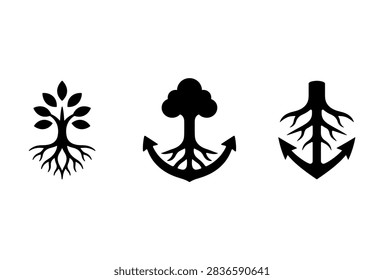 A collection of three unique black graphic symbols combining natural tree elements with maritime anchor shapes and intricate root systems on a plain background