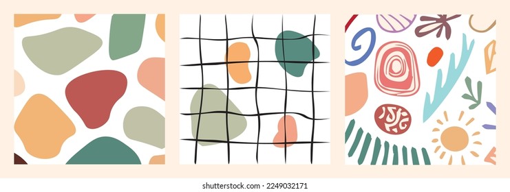 A collection of three unique designs with hand-drawn figures and doodles in the form of various objects. These abstract and trendy vector illustrations are perfect for giving a trendy touch to any pro