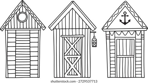 Collection of three unique hand drawn beach huts in outline style. Each hut features distinct architectural details, including a round window, cross-braced door, and an anchor emblem on the roof. These illustrations are ideal for summer holiday, seaside, or vacation-themed projects, offering a charming, rustic aesthetic.
