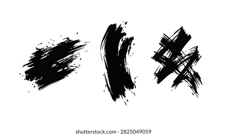 A collection of three unique hand-painted black ink brush strokes, featuring various textures and shapes, ideal for graphic design and artistic projects.
