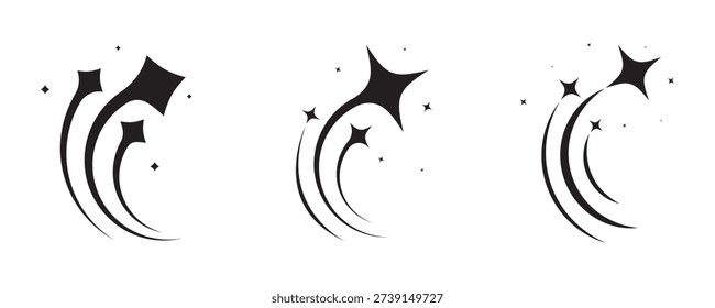 Collection of three unique vector graphic elements featuring star-shaped sparkle trails, shine effects, and motion blurs. Ideal for celebrations, magic, or design accents.