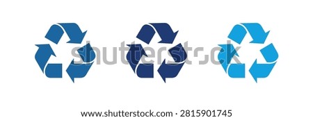 A collection of three universal recycling icons featuring circular arrows in dark blue medium blue and light blue colors representing sustainability and waste management