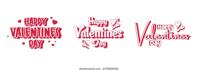 A collection of three Valentine's Day greetings showcasing a retro-inspired typographic style. The designs feature the phrase "Happy Valentine's Day" in a bold, stylized font with a 3D-like effect. 