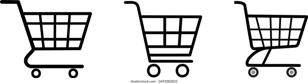 A collection of three variations of a shopping cart icon represented as thick, black outlines. The icons are used digitally to signify e-commerce, online shopping, checkout, and purchase functions.