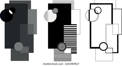 Colección de tres dibujos abstractos geométricos vectoriales. Patrón blanco y negro de círculos, rectángulos y líneas para carteles, impresiones, cubiertas, papel pintado. Concepto de arte mural.