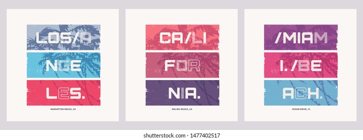 Colección de tres diseños de pantalones gráfico vectorial sobre el tema de California y Florida.
