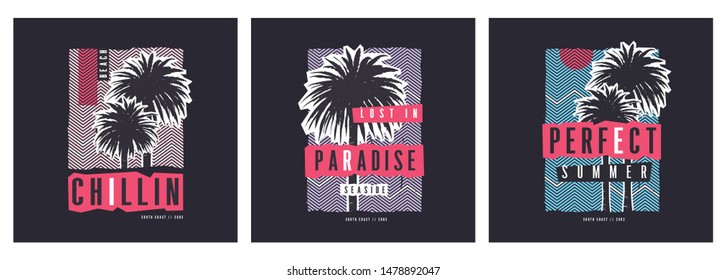 Collection of three vector graphic t-shirt designs, typography, prints on the topic of sufing.