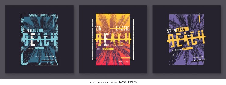 Collection of three vector graphic t-shirt designs, posters, prints on the tropical theme.