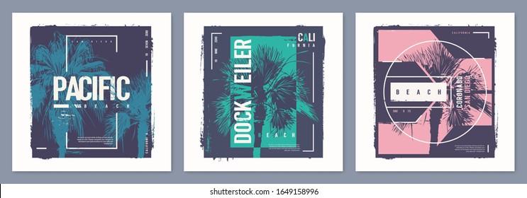 Collection of three vector graphic t-shirt designs, posters, prints on the theme of California.