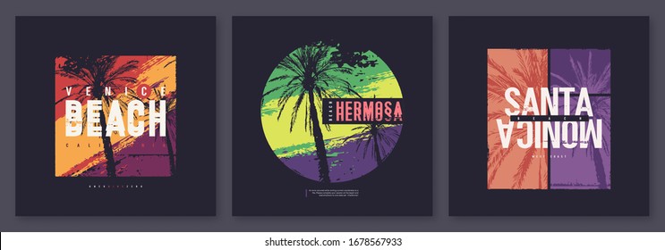 Collection of three vector graphic t-shirt designs, posters, prints on the theme of California.