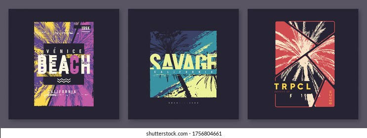 Collection of three vector graphic t-shirt designs, posters, prints on the theme of California.