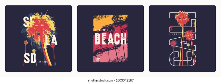 Collection of three vector graphic t-shirt designs, posters, prints on the theme of California.