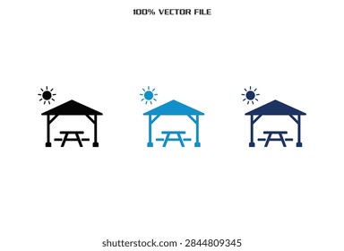 A collection of three vector icons representing a picnic area featuring a gazebo shelter and a wooden table under the sun
