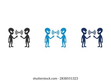 A collection of three vector icons showing two aliens communicating through telepathic brain waves or radio signals in black and blue colors