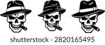 A collection of three vector illustrations featuring skulls wearing fedora hats and smoking cigars, designed in a bold, graphic style suitable for logos.