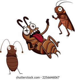 A collection of three vector illustrations featuring a stylized cockroach in joyful, happy poses, including one with its tongue out