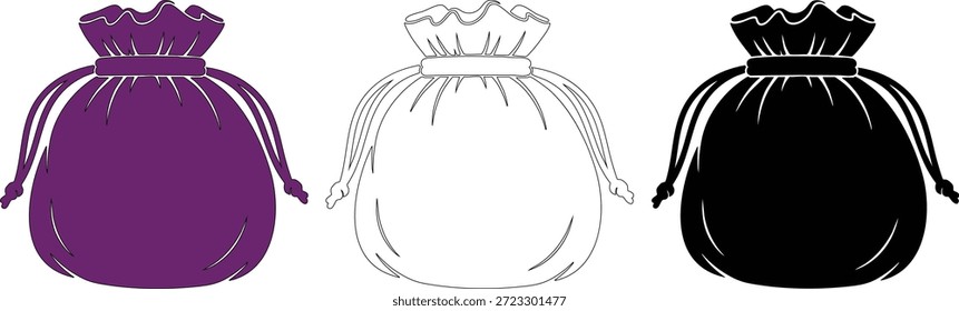 Colección de tres versiones de diseño de saco púrpura de color sólido bosquejo de silueta negra bolso completo con concepto de símbolo de nudo de lazo para ahorrar riquezas objetos de valor aislados sobre fondo transparente