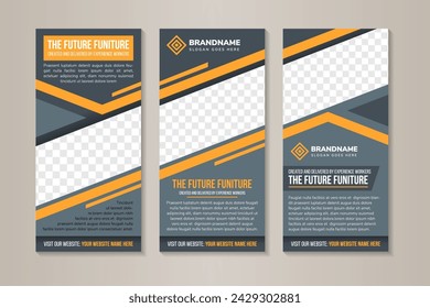 collection of three  vertical Banner with headline of the future Furniture Sale Design Template Vector Illustration. diagonal space for photo collage. combination grey and orange colors.