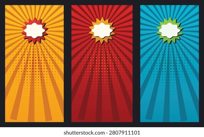 A collection of three vibrant pop art comic style vertical banners featuring dynamic sunburst backgrounds and central starburst speech bubbles, perfect for promotions or announcements