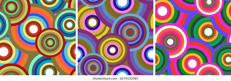 colección de tres vibrantes patrones psicodélicos sin fisuras Círculos concéntricos abstractos Estilo geométrico retro groovy