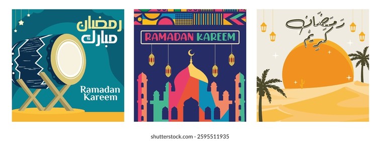 A collection of three vibrant Ramadan-themed illustrations including traditional drums, Islamic architecture, and a warm sunset desert with welcoming lanterns. Set flat vector illustration.