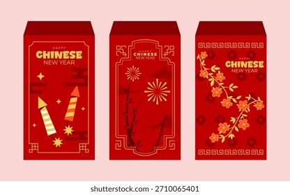A collection of three vibrant red envelopes, each adorned with traditional Chinese New Year motifs like firecrackers, bamboo, and cherry blossoms, perfect for festive greetings.