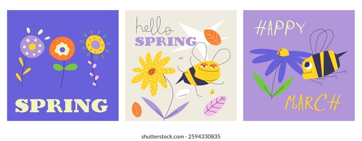 A collection of three vibrant spring-themed posters featuring playful bees and blooming flowers. Ideal for seasonal greeting cards, home decor, and festive spring celebrations