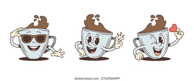 A collection of three vintage coffee cup cartoon characters. One is cool in sunglasses, another snaps its fingers, and the third winks holding a heart. A fun mascot vector illustration