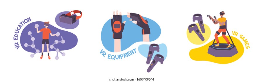 Collection of three VR game compositions of flat human characters wearable gadgets and editable text captions vector illustration