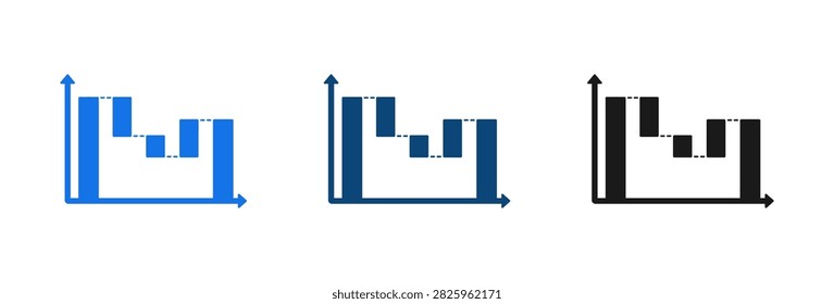 A collection of three waterfall chart icons showing incremental changes and cumulative totals for financial reporting and business analytics presentations