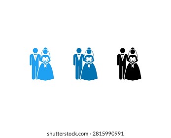 A collection of three wedding couple icons showing a bride in a gown and a groom in a tuxedo in various shades of blue and black.